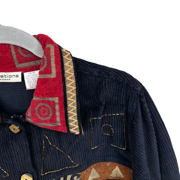 Notations Women Corduroy Jacket Beaded Embroidered Patch Boho Black Red Sz 14/16 - Picture 3 of 5